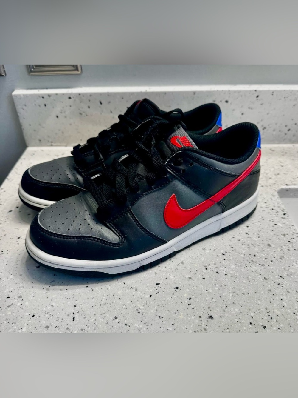 Nike Dunks Low - Black & Grey with Red Swoosh 6.5Y